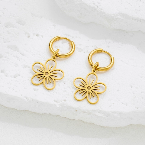 Pendientes De Aro Con Colgante De Flor De Acero Inoxidable Estilo Bohemio Vintage Floral Joyería Para Mujer