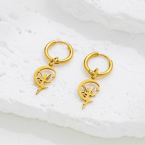 Pendientes De Aro De Acero Inoxidable Con Colgante De Hada De La Luna Hueca Joyería Mítica Para Mujeres Niñas