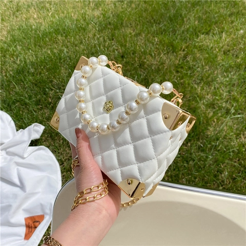 Gesteppte Box Tasche Mit Kunstperlengriff PU Leder Crossbody Handtasche Goldene Metallecken Elegant Vintage Mini Damen