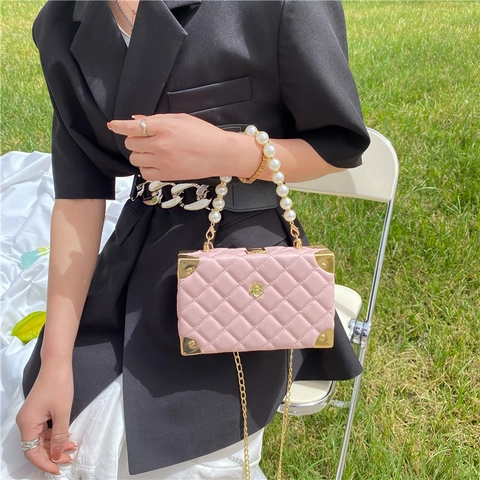 Gesteppte Box Tasche Mit Kunstperlengriff PU Leder Crossbody Handtasche Goldene Metallecken Elegant Vintage Mini Damen