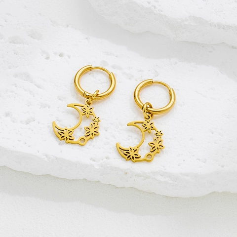 Orecchini A Cerchio In Acciaio Inossidabile Con Pendente Fiore Di Luna Placcato Oro Stile Coreano Per Donna
