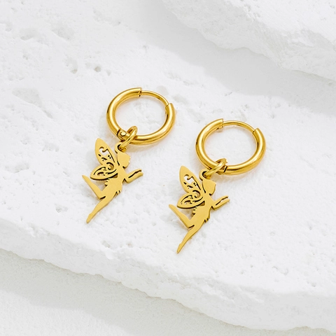 Stainless Steel Fairy Pendant Hoop Earrings Hollow Out Elf Angel Dainty Dangle Ear Jewelry For Women Girls
