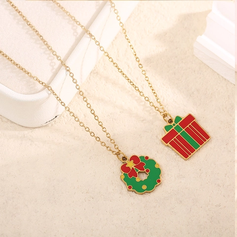 Kerstkrans Cadeauverpakking Emaille Hanger Ketting Voor Dames 14K Verguld Roestvrij Staal Sleutelbeen Ketting Sieraden