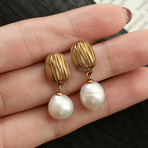 Boucles D'oreilles Pendantes Süßwasserperle Vintage Acier Inoxydable Plaqué Or 18K Géométrique Avec Tige En Argent Élégant
