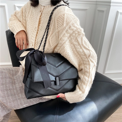 Gewatteerde Schoudertas Voor Dames PU Leer Chevron Patroon Grote Capaciteit Strikhulp Decoratie Kettingriem Elegante Messenger