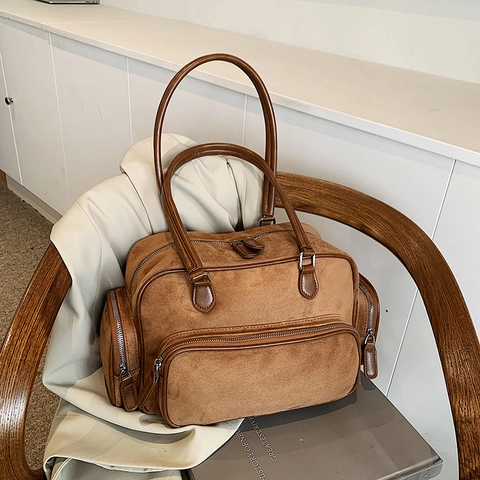Sac Boston Vintage Effet Daim Cuir PU Dépoli Grande Capacité Multi Poches Sac À Main Épaule Pour Femmes Style Rétro