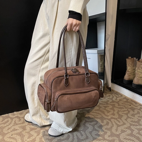 Sac Boston Vintage Effet Daim Cuir PU Dépoli Grande Capacité Multi Poches Sac À Main Épaule Pour Femmes Style Rétro