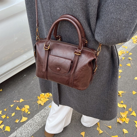 Sac Boston En Cuir PU Rétro Pour Femmes Sac À Main Vintage Avec Poche Avant Bandoulière Réglable Style Coréen