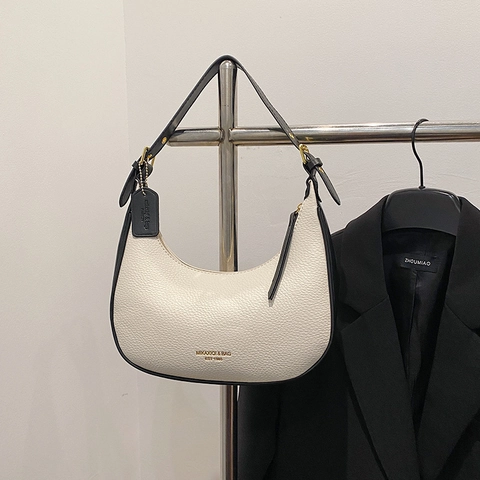 Dames Hobo Tas Litchi Korrel PU Leer Halve Maan Onderarm Schoudertas Verstelbare Riem Rits Minimalistisch Elegant