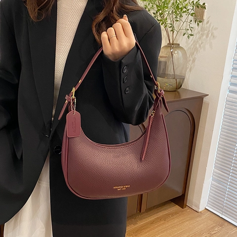 Dames Hobo Tas Litchi Korrel PU Leer Halve Maan Onderarm Schoudertas Verstelbare Riem Rits Minimalistisch Elegant