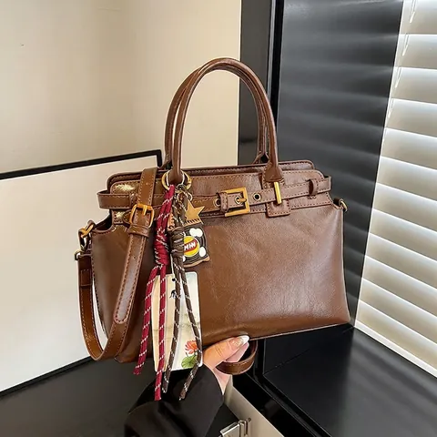 Vintage Damen Tote Bag PU Leder Schulter Umhängetasche Handtasche Mit Dekorativem Gürtel Und Sternanhängern Retro Mode