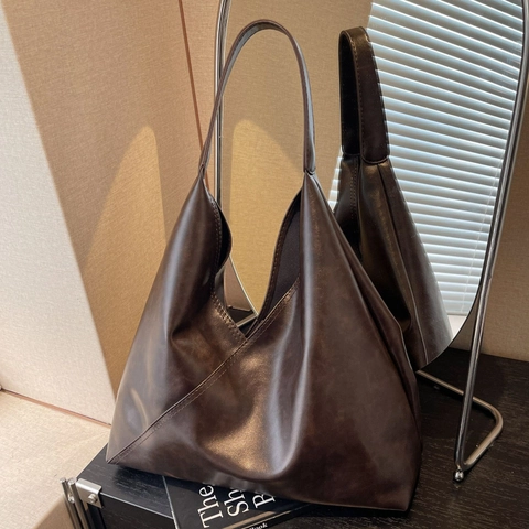 Große Kapazität PU Leder Schultertasche Vintage Öl Wachs Textur Geometrische Nähte Slouchy Hobo Bag Und Kleine Tasche
