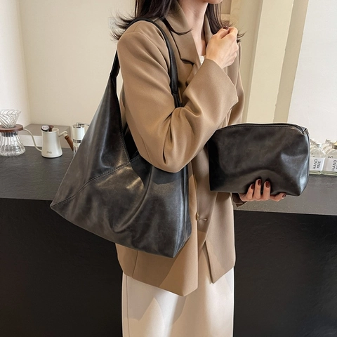 Große Kapazität PU Leder Schultertasche Vintage Öl Wachs Textur Geometrische Nähte Slouchy Hobo Bag Und Kleine Tasche