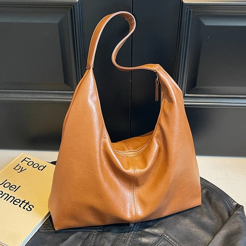 Bolso De Hombro Hobo De Cuero PU De Gran Capacidad Para Mujer Bolso Tote Retro Minimalista Informal Cierre De Cremallera