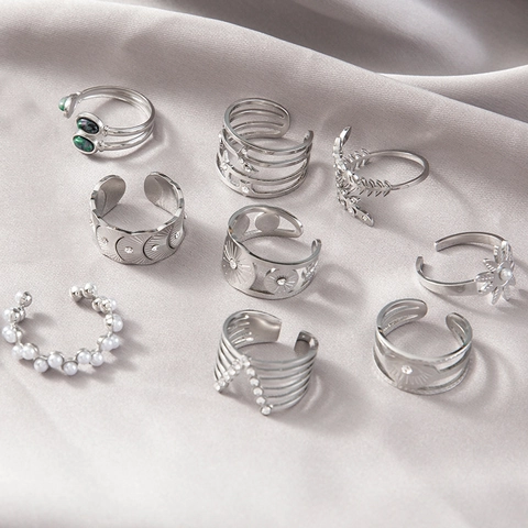 Anello Regolabile In Acciaio Inossidabile Da Donna Perla Artificiale Zircone Fiore Cuore Geometrico Gioielli Di Moda