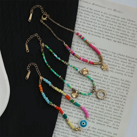 Bohemian Perlenarmbänder Edelstahl Böser Blick Kleeblatt Sonne Anhänger Bunte Polymer-Ton Heishi Schmuck Damen