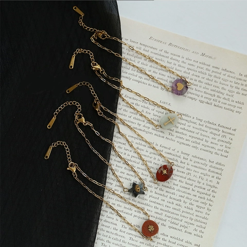 Bracciale In Acciaio Inossidabile Dorato Da Donna Con Pendenti In Pietra Naturale Cuore Croce Stella Occhio Di Allah Regolabile