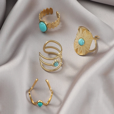 Edelstahl Türkis Ring Böhmisch Retro Verstellbar Vergoldet Geometrisch Unregelmäßig Fingerschmuck Für Frauen