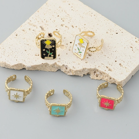 Vintage Emaille Offene Ringe Für Frauen Vergoldeter Edelstahl Böhmischer Geometrischer Tarot-Stil Verstellbarer Schmuck