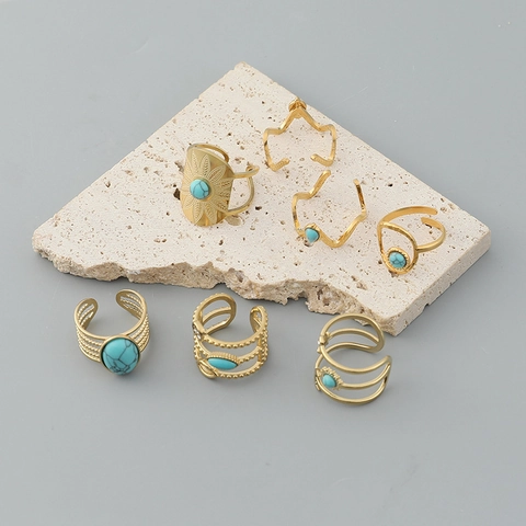 Edelstahl Türkis Ring Böhmisch Retro Verstellbar Vergoldet Geometrisch Unregelmäßig Fingerschmuck Für Frauen