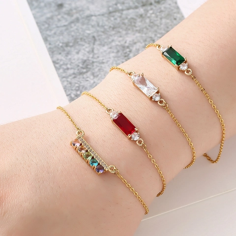Elegante Bracciale Con Zircone Smeraldo Quadrato Per Donna In Rame Placcato Oro Catena Regolabile Gioielli Geometrici