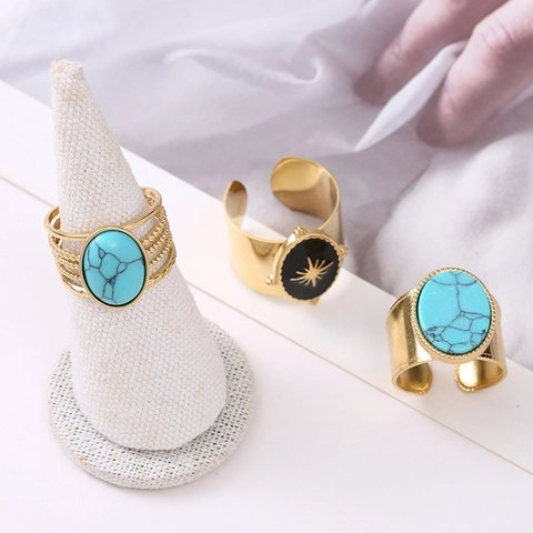 Anelli Regolabili In Acciaio Inossidabile Da Donna Con Turchese E Motivo A Stella Gioielli Boho Vintage Geometrici Ovali