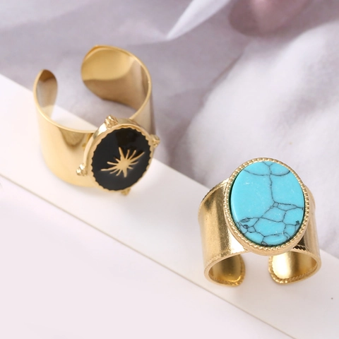 Anelli Regolabili In Acciaio Inossidabile Da Donna Con Turchese E Motivo A Stella Gioielli Boho Vintage Geometrici Ovali