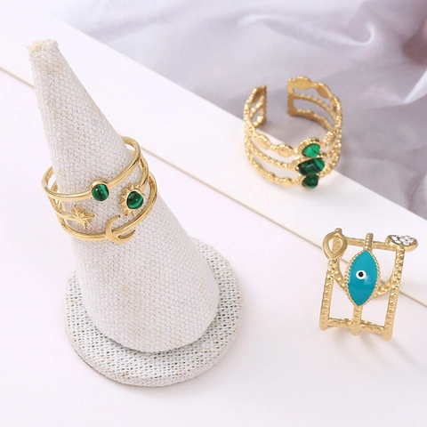 Anello In Acciaio Inossidabile Regolabile Aperto Boho Malocchio Luna Stella Pietra Verde Malachite Gioielli Vintage Donne