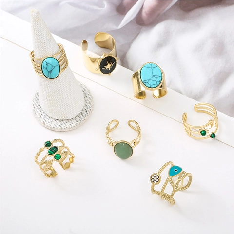 Bagues Ajustables En Acier Inoxydable Bohème Avec Pierre Naturelle Et Émail Bijoux Vintage Pour Femmes