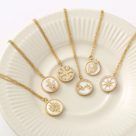 Collier Pendentif Cuivre Nacre Inlay Zircon Papillon Étoile Abeille Mama Croix Religieuse Bijoux Mode Pour Femmes