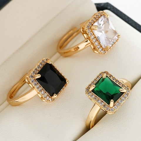Square Zircon Adjustable Ring Copper Gold Plated Halo Radiant Cut Emerald Style Luxury Finger Jewelry For Women
