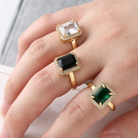 Square Zircon Adjustable Ring Copper Gold Plated Halo Radiant Cut Emerald Style Luxury Finger Jewelry For Women