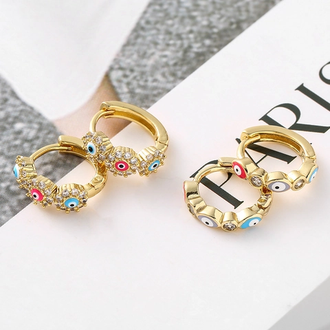 Orecchini Huggie Hoop Evil Eye Rame Placcato Oro Smalto Zircone Colorato Gioielli Protezione Donne