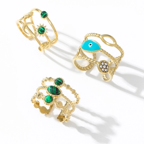 Anello In Acciaio Inossidabile Regolabile Aperto Boho Malocchio Luna Stella Pietra Verde Malachite Gioielli Vintage Donne
