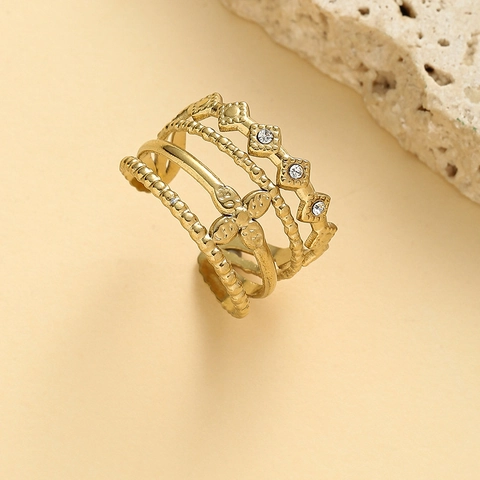 Multi-Layer Hohlring Kupfer Vergoldet Verstellbar Offen Mit Strass Geometrische Blume Retro Bohemian Für Damen