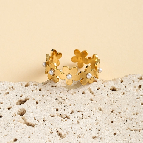 Blumen Ring Edelstahl Vergoldet Mit Kunstperlen Inlay Verstellbar Minimalistischer Modeschmuck Für Damen