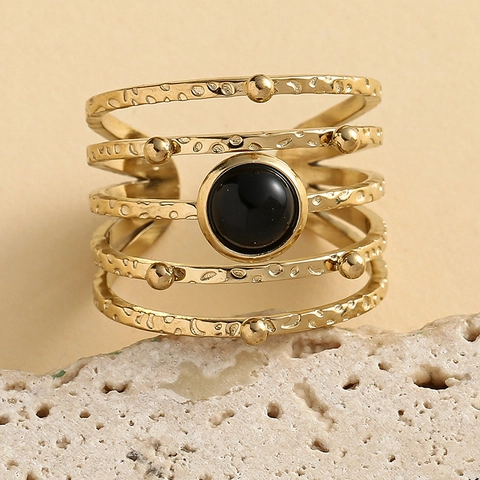 Stainless Steel Open Ring For Women Multi Layer Hollow Hammered Textured Black Natural Stone Bohemian Vintage Style