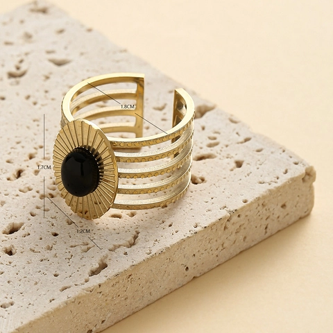 Anello Largo Regolabile In Acciaio Inossidabile Dorato Da Donna Con Pietra Ovale Nera Motivo Sole Vintage
