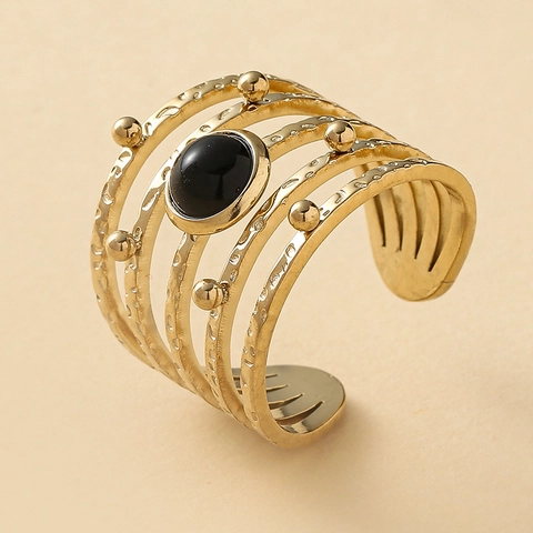 Stainless Steel Open Ring For Women Multi Layer Hollow Hammered Textured Black Natural Stone Bohemian Vintage Style