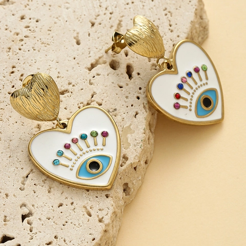 Evil Eye Heart Drop Earrings For Women Stainless Steel White Enamel Colorful Rhinestone Dangle Jewelry