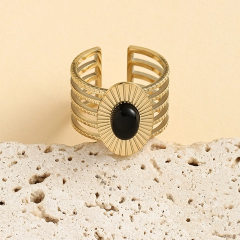 Anello Largo Regolabile In Acciaio Inossidabile Dorato Da Donna Con Pietra Ovale Nera Motivo Sole Vintage