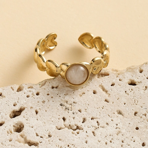 Gold Stainless Steel Heart Ring Round Zircon Adjustable Open Finger Jewelry For Women Elegant Retro Style