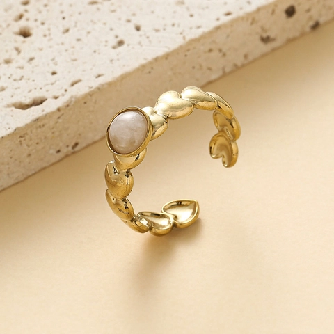 Gold Stainless Steel Heart Ring Round Zircon Adjustable Open Finger Jewelry For Women Elegant Retro Style