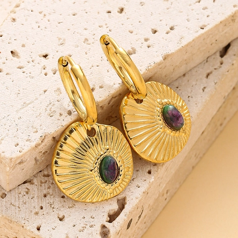 Stainless Steel Hoop Drop Earrings With Natural Irregular Green Stone 14K Gold Plated Sunburst Texture Disk For Women