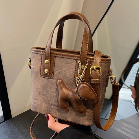 Sac Seau Vintage Cuir PU Texture Denim Sac À Main Bandoulière Avec Charm Chien Pour Femmes