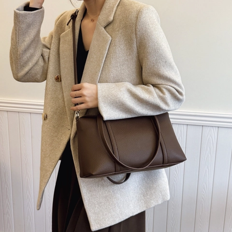 Große Damen Shopper Tasche PU Leder Mit Litschi Narbung Schultertasche Mit Abnehmbarem Gurt Für Pendeln