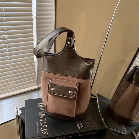 Borsa Secchiello Vintage Scamosciata Patchwork Donna Pelle PU Borsa A Spalla Borsa Sottobraccio Con Tasca Frontale Stile Retrò