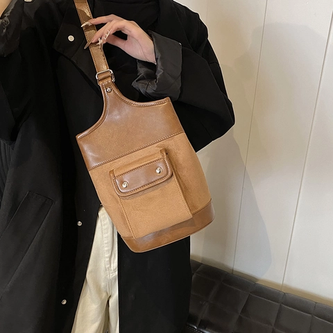 Borsa Secchiello Vintage Scamosciata Patchwork Donna Pelle PU Borsa A Spalla Borsa Sottobraccio Con Tasca Frontale Stile Retrò