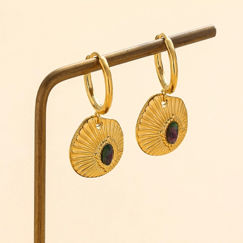 Stainless Steel Hoop Drop Earrings With Natural Irregular Green Stone 14K Gold Plated Sunburst Texture Disk For Women
