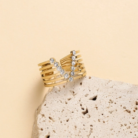 V Vorm Meerlaagse Roestvrijstalen Ring Met Steentjes Open Verstelbaar Mode Sieraden Dames